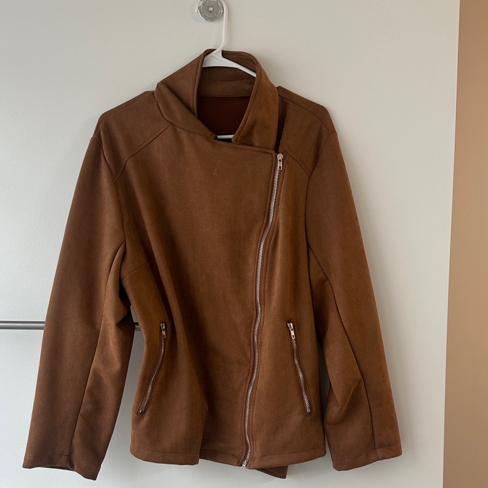 SHEIN Brown Leather Jacket with Asymmetrical Zip